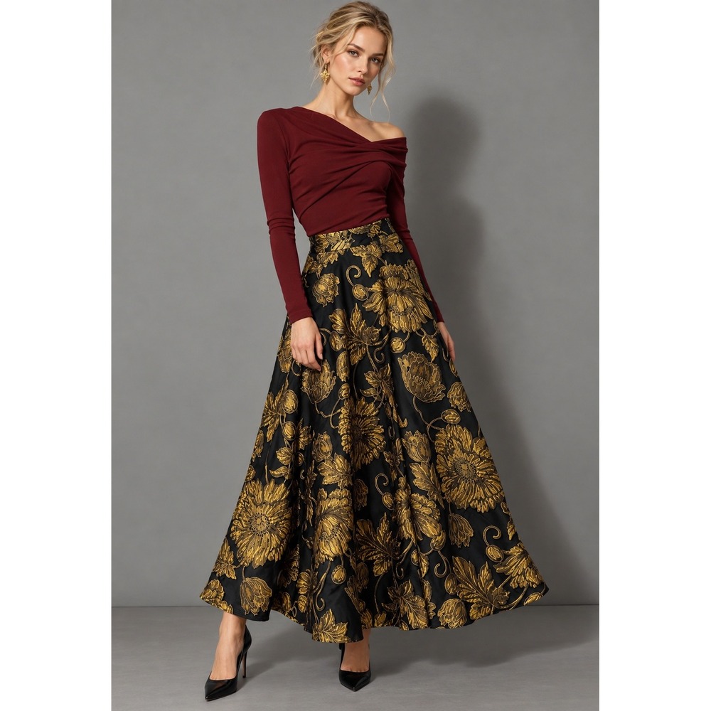 Chicwish Maxi Skirt Womens M Black Gold Floral Jacquard Metallic A-Line Formal